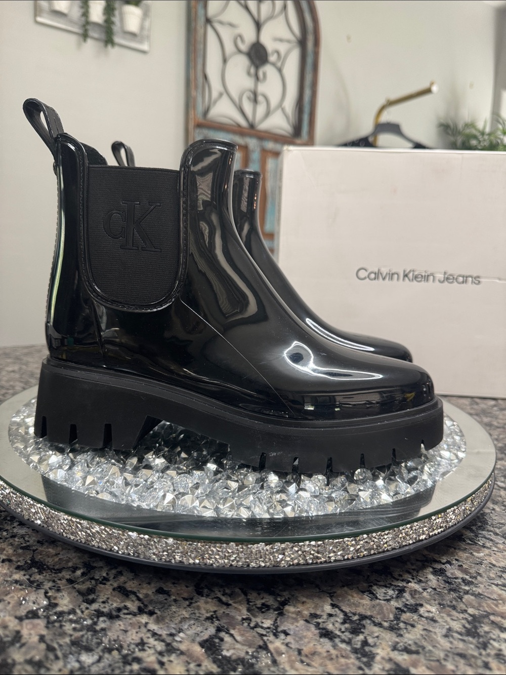 Calvin Klein Wende Black Patent Chunky Chelsea Rain Boots NEW 9